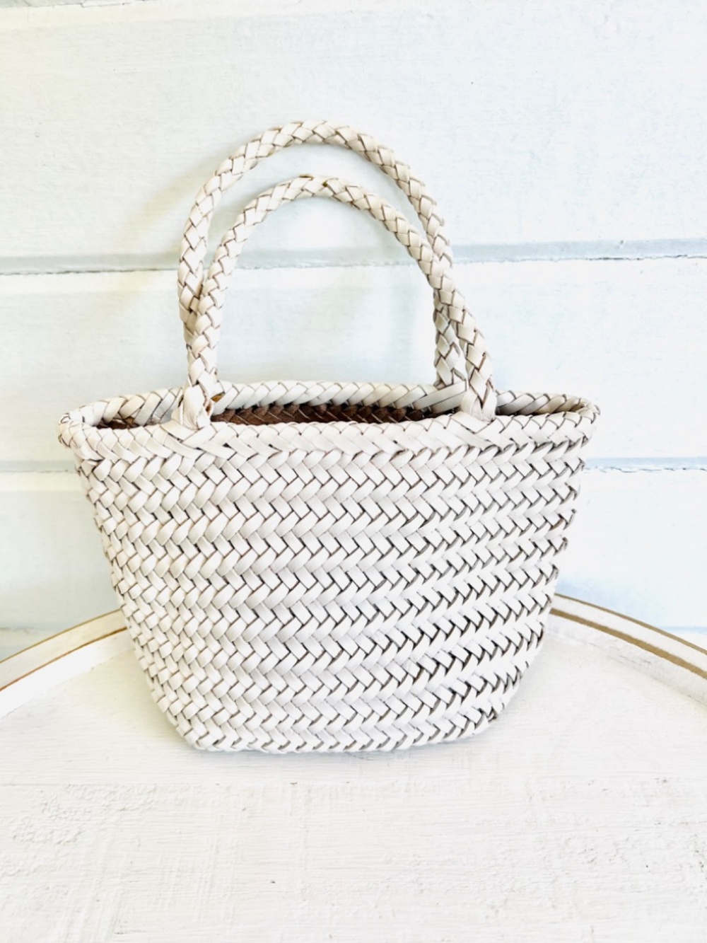 CLUB MONACO Woven Leather Mini Tote in Ivory